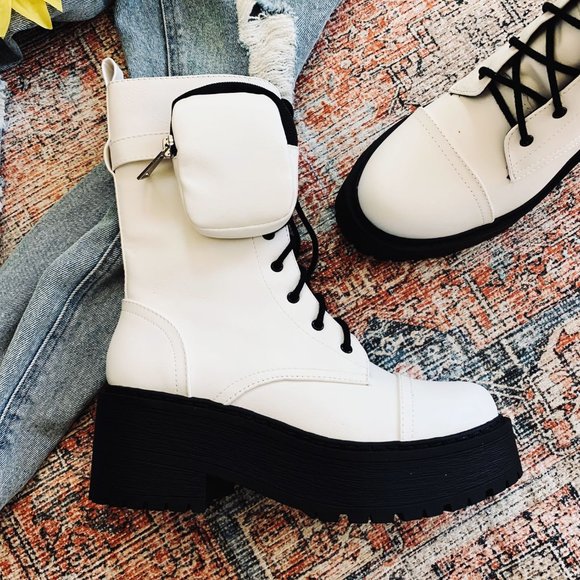 NEW🔥 White Lace-Up Combat Military Mid-Calf Boots w/Pocket Platform Block Heel - Picture 2 of 5